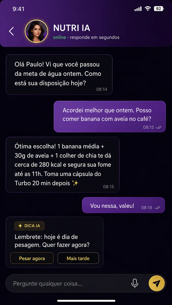 Chat com Nutri IA 24/7 — responde em segundos
